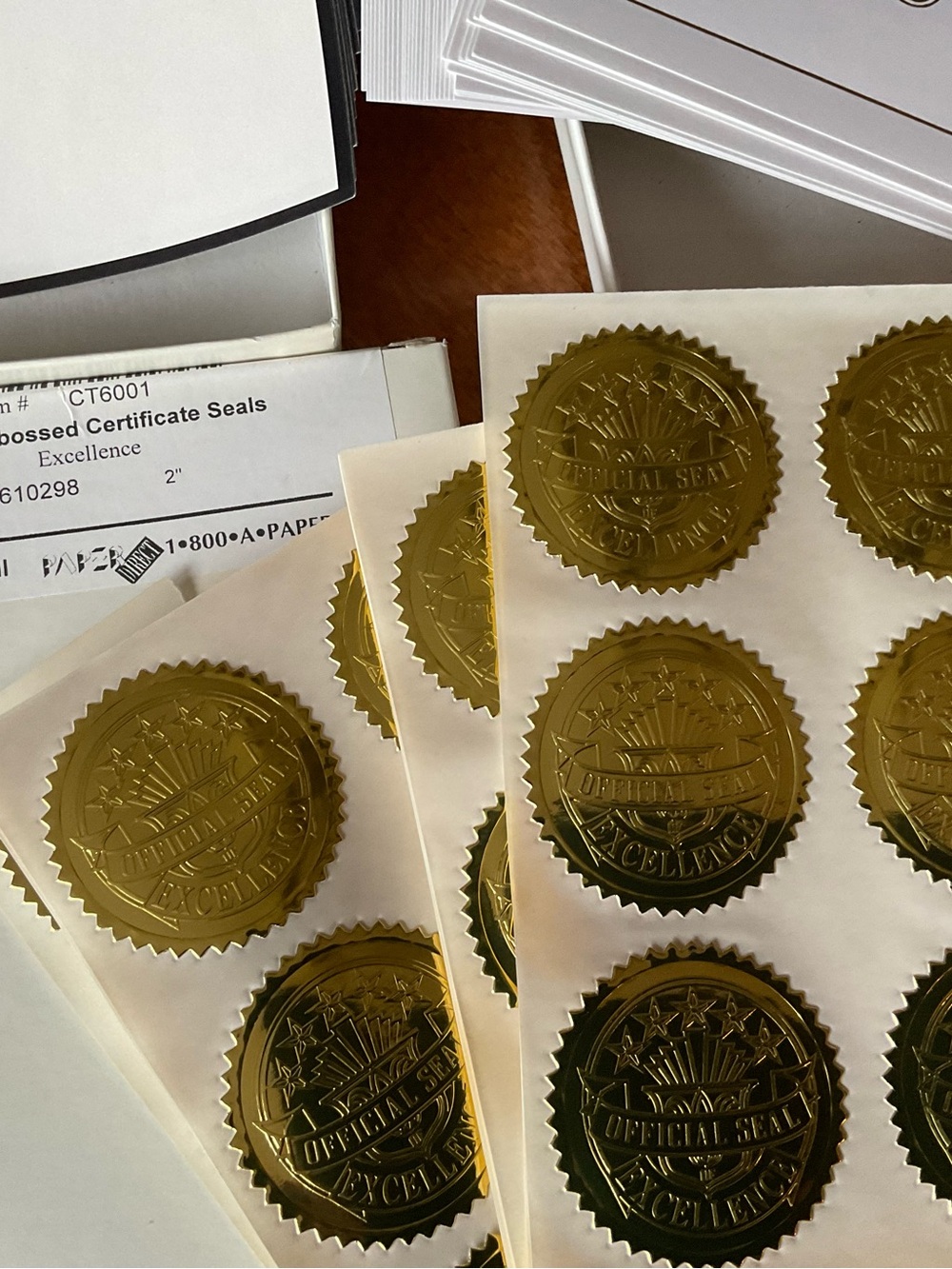 Achievement & Gold Certificates with Gold Embossed Excellence Stickers